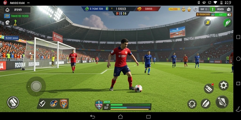Screenshot gameplay RR999 dengan aksi seru bermain sepak bola.